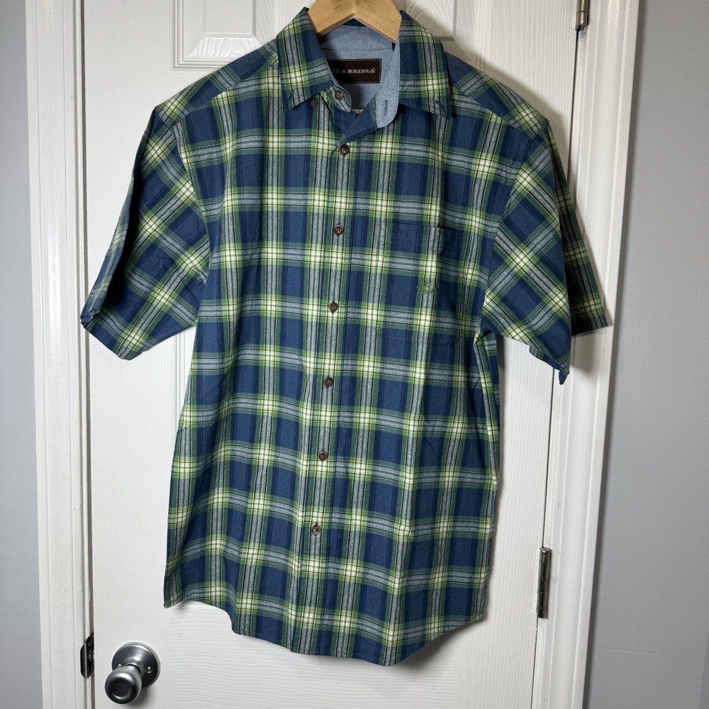 Bit and Bridle Button Up‎ Hulk color blue green plaid short sleeve Small